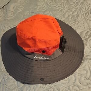 Sun Shade Hat Mens Orange Gray Adjustable Snap Up Breathable Vented Chin Strap